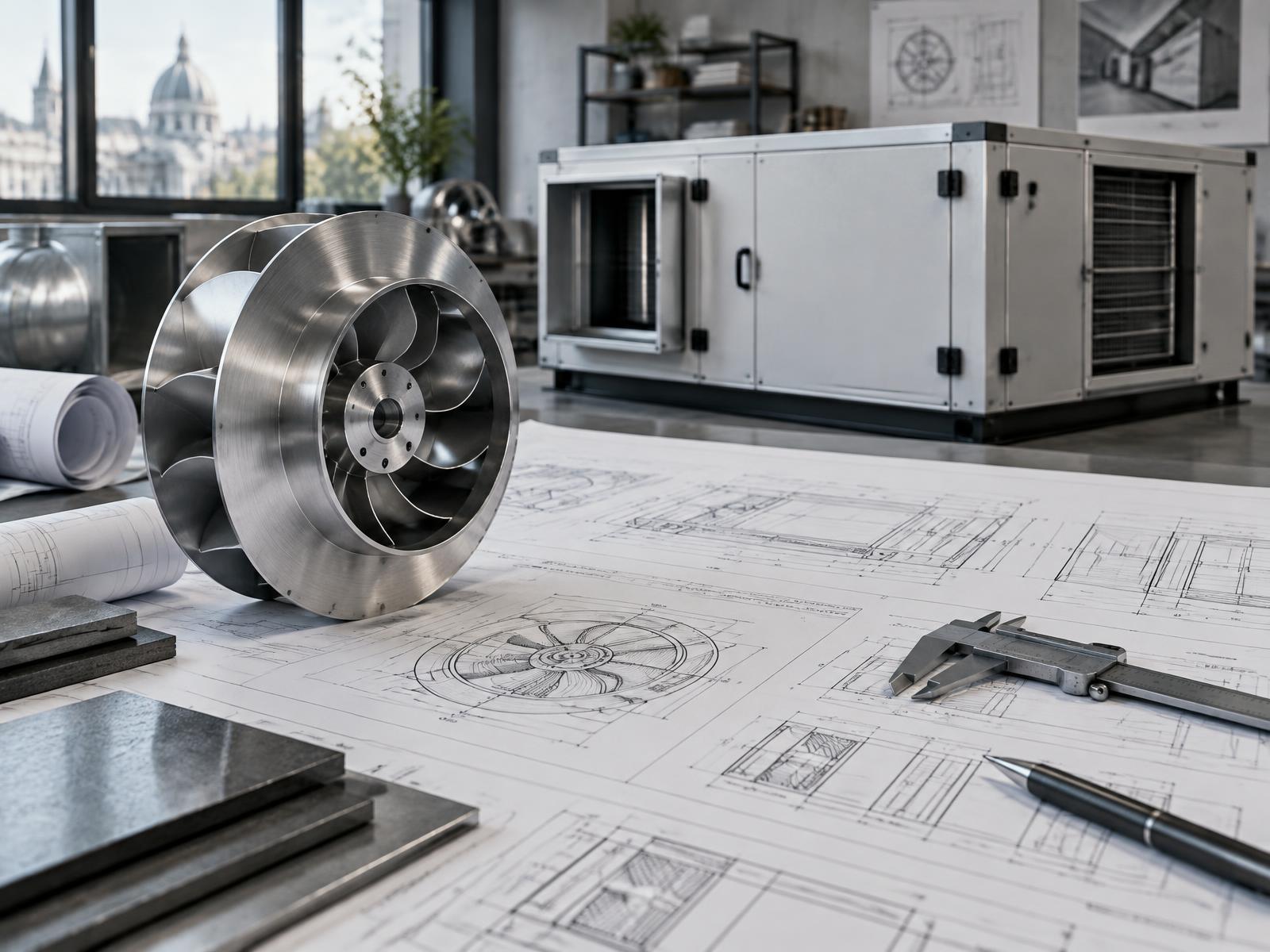 HVAC technical drawing, engineered fan component and finished unit